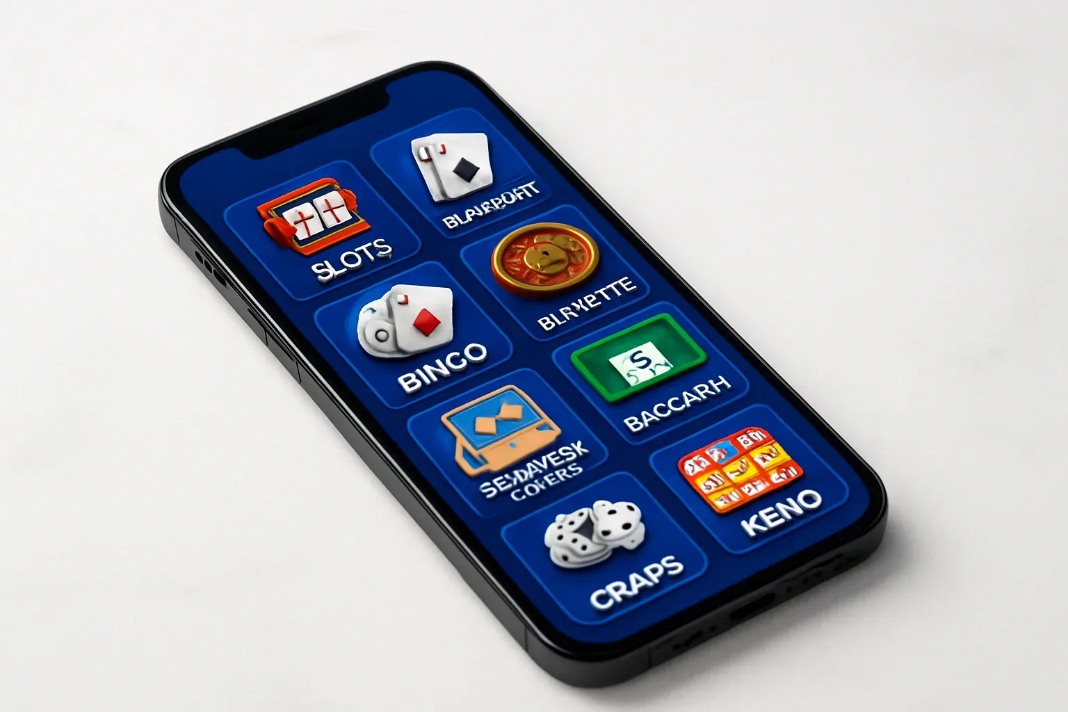 Smartphone on white marble showing bright casino game selection grid