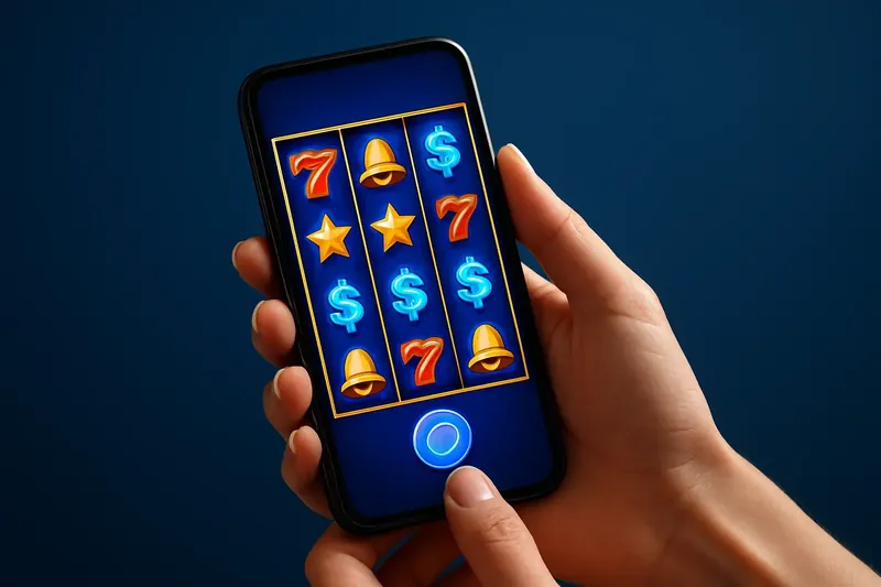 Woman's hands holding smartphone with casino game grid on linen
