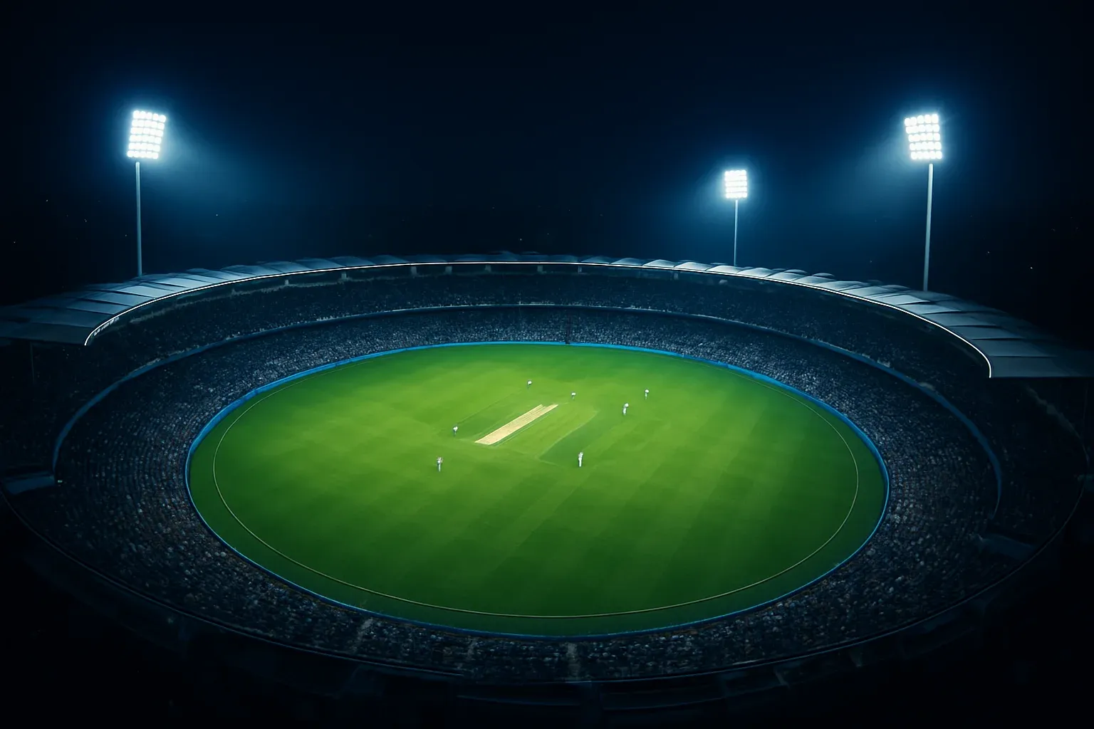 Aerial view of cricket stadium at night under bright floodlights