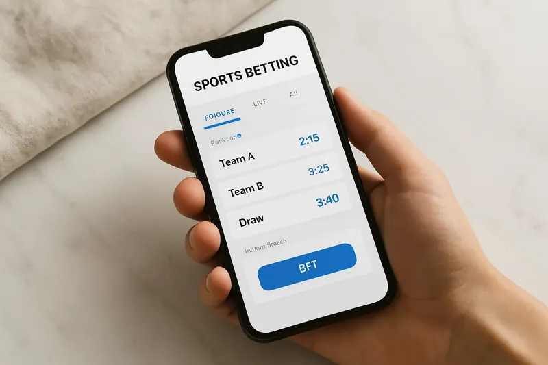 Hand holding smartphone showing sports betting odds on marble surface
