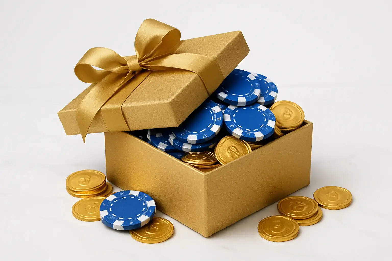 Golden gift box overflowing with poker chips and gold coins
