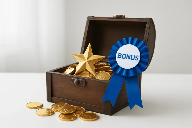 Open treasure box spilling gold coins with star badge and bonus ribbon
