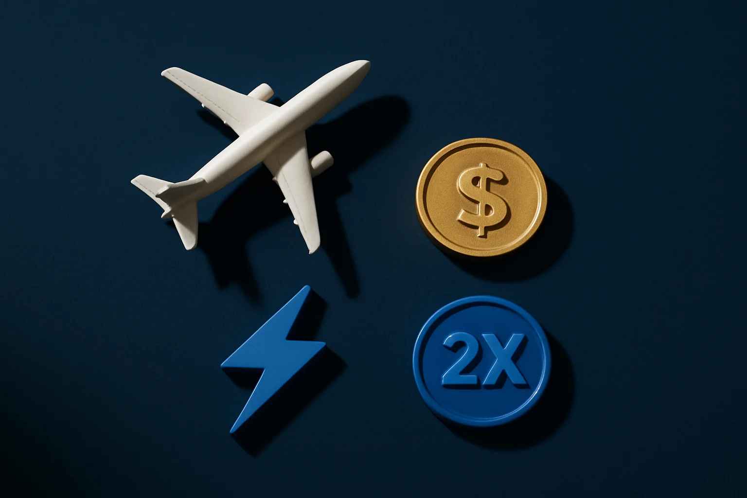 Overhead flat lay with airplane, gold coin, lightning bolt, and multiplier badge