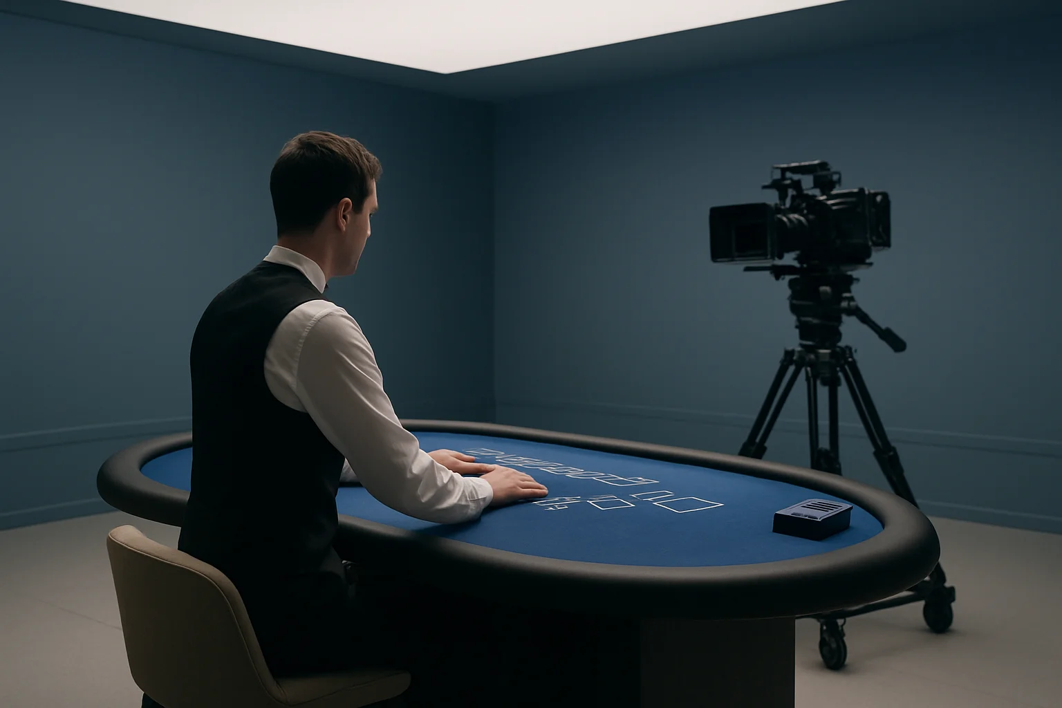 Professional dealer at blackjack table with camera rig in studio