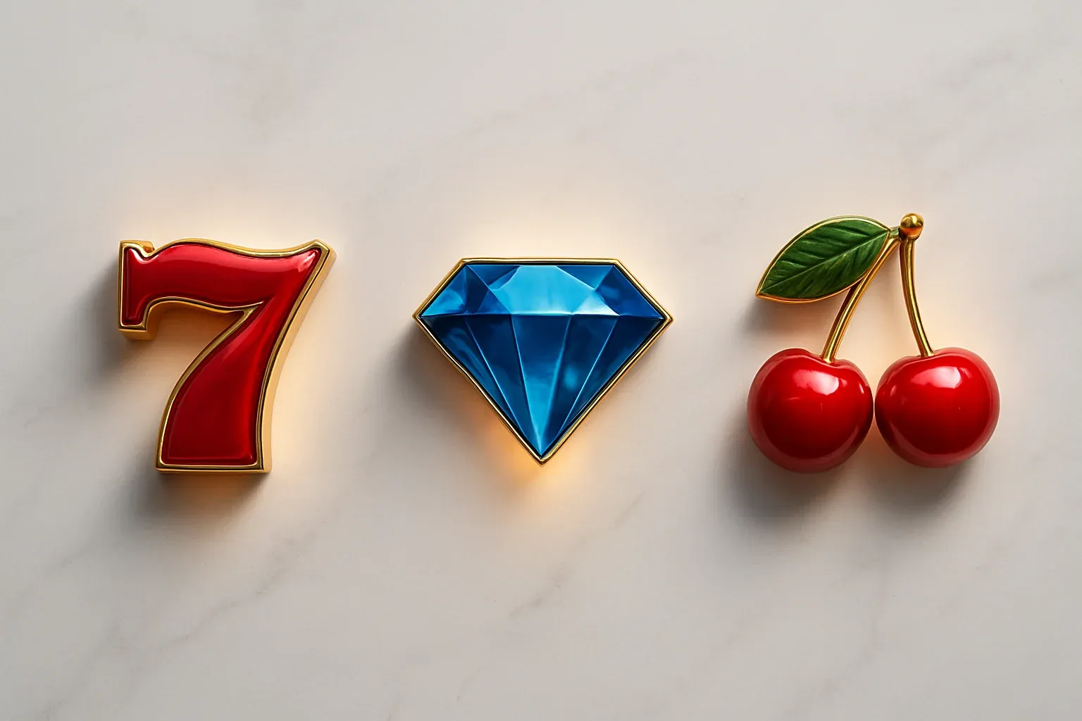 Three polished slot symbols on white marble with warm spotlights